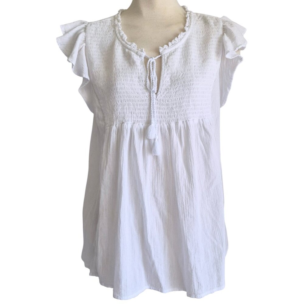 beachlunchlounge White Ruffle Sleeve Smocked Peasant Top